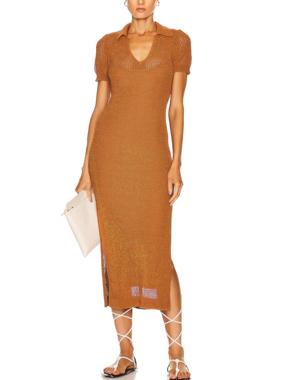 STAUD Chestnut Brown Knit Polo Midi Dress